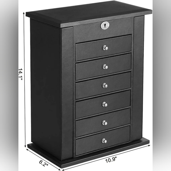 6 Tier Jewelry Box w/ Drawers, Mirror, Lock - Black Vegan Leather - Picture 7 of 7